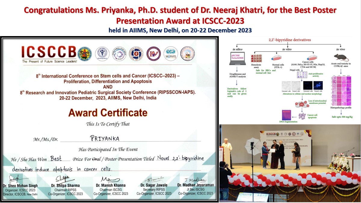Congratulations Ms Priyanka on being the recipient of the best poster presentation award in 8th International Conference on Stem Cells and Cancer (ICSCC-2023): Proliferation, Differentiation and Apoptosis & 8th RIPSSCON-IAPS, NAMS, DAPS, and ISCSG 2023. @CSIR_IND