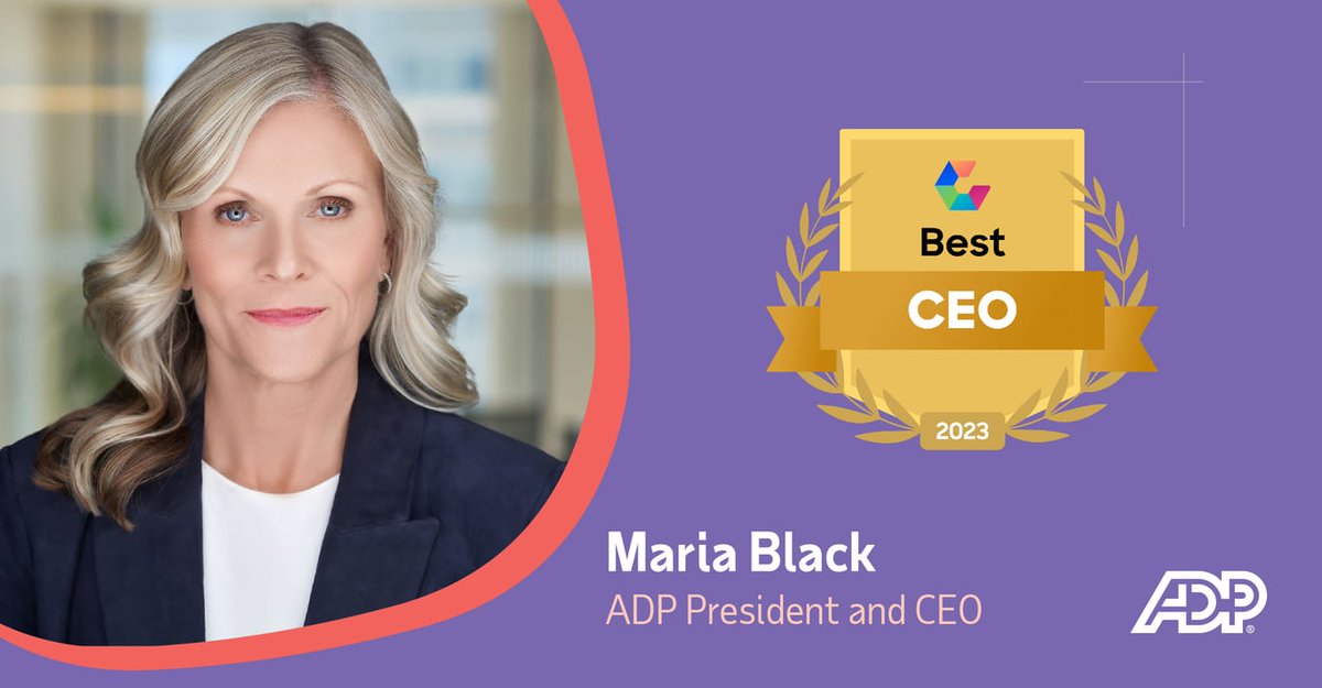 debcrofoot's tweet photo. ADP is named on Comparably’s list of Best CEOs 2023 in the large company category. Congratulations to CEO, Maria Black, and the entire ADP Team. 🎉🎉🎉
 
We're #hiring! Join us!
 
#ADPLife #ComparablyAwards #WorkplaceCulture #CEOs https://t.co/pOWgETDCCV https://t.co/OSarxZ9uxt