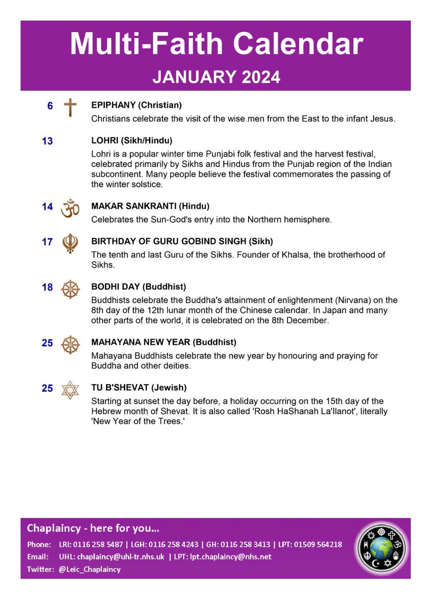 Leicester Chaplaincy (@leic_chaplaincy) on Twitter photo Here is the Multi-Faith Calendar for January. <a href="/Leic_hospital/">Leicester's Hospitals</a> <a href="/LPTnhs/">Leicestershire Partnership NHS Trust</a> Here is the Multi-Faith Calendar for January. <a href="/Leic_hospital/">Leicester's Hospitals</a> <a href="/LPTnhs/">Leicestershire Partnership NHS Trust</a>