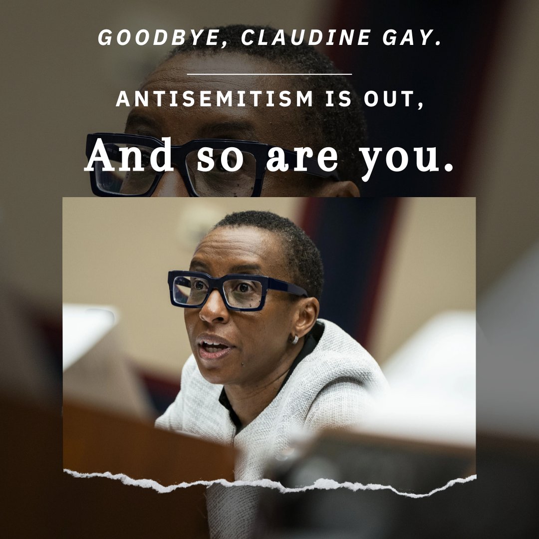 Farewell ex-President of <a href="/Harvard/">Harvard University</a> Claudine Gay, you and your antisemitism will not be missed.

#StandWithIsrael