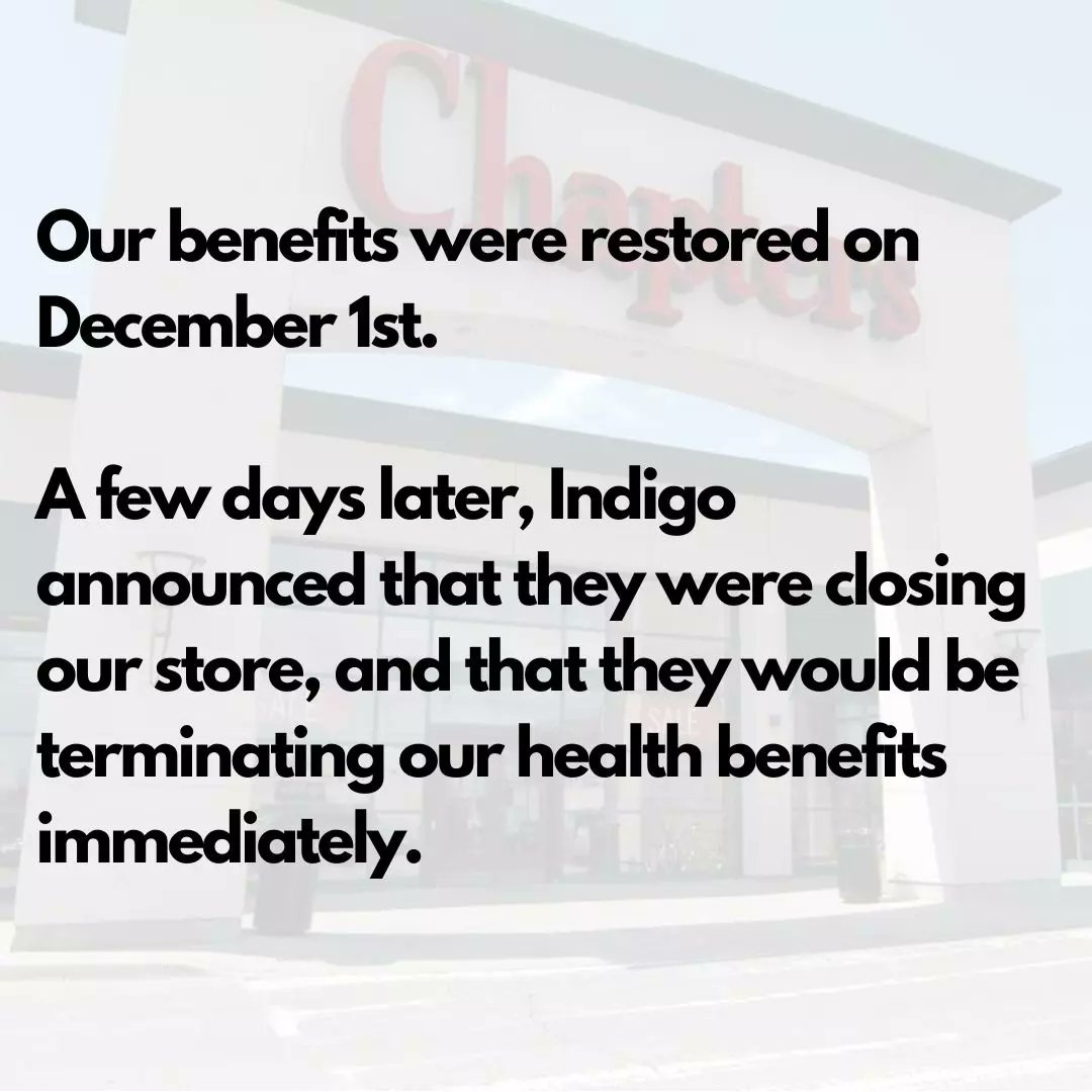 929Union_'s tweet photo. Last year, Indigo stripped unionized employees (and *only* unionized employees) of our health benefits.

Not they're taking them away again 1/2 https://t.co/y75iujsJS3