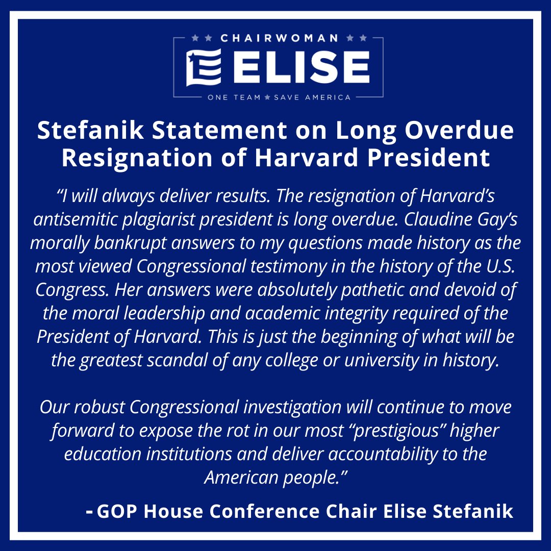 My full statement on the long overdue resignation of @Harvard president: