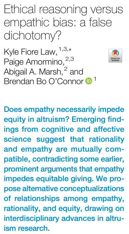 Out today in @TrendsCognSci: Although empathy is sometimes thought to impede equitable altruism, @law_fiore @PaigeAmormino @BrenBoOconnor and I argue that empathy is compatible with rationality, and may even promote (not prevent) equitable giving. / sciencedirect.com/science/articl…