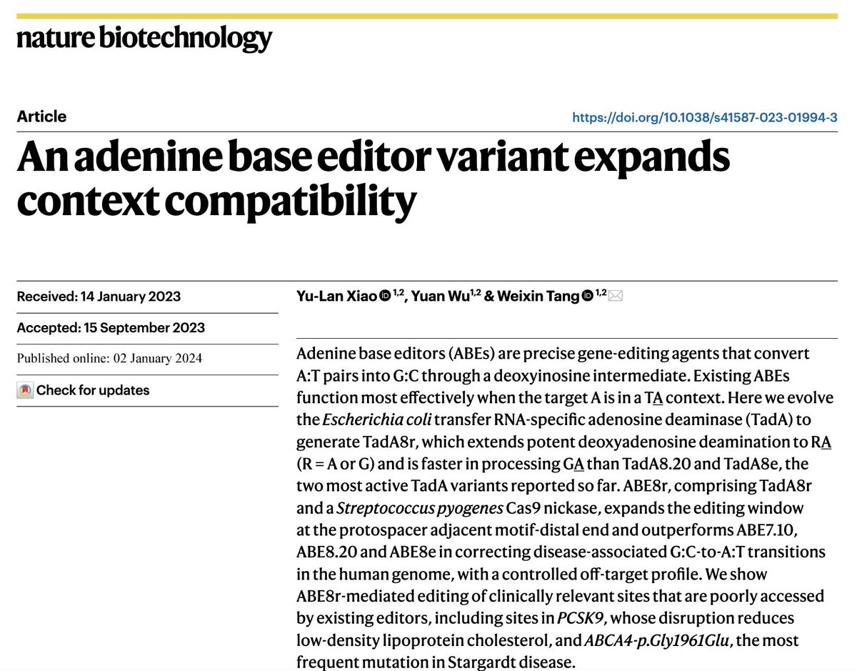 Today we report in @NatureBiotech 'An adenine base editor variant expands context compatibility'. Existing ABEs function most effectively on TA. Here we develop TadA8r, a new TadA variant that extends potent deoxyadenosine deamination to GA and AA. 1/n nature.com/articles/s4158…