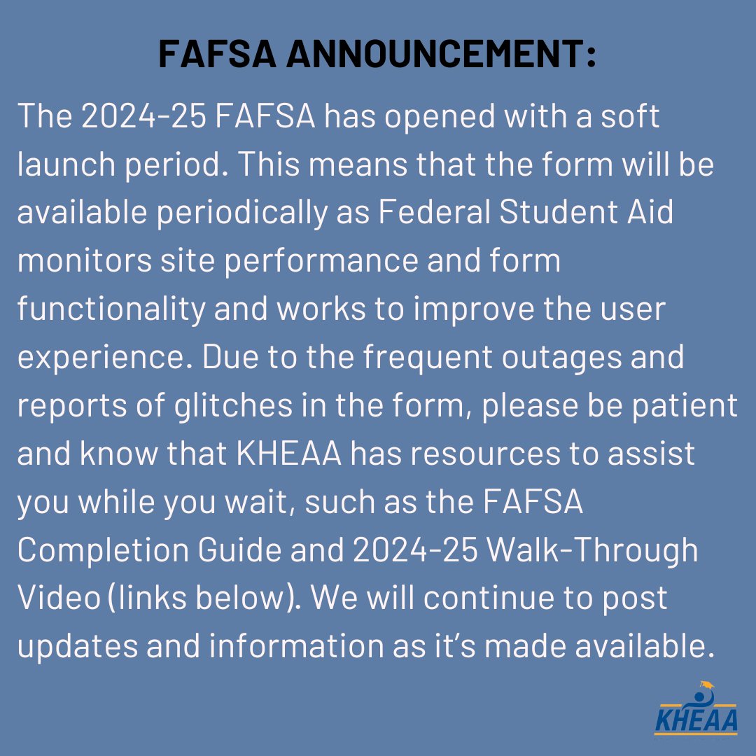 IMPORTANT FAFSA ANNOUNCEMENT!

FAFSA Completion Guide: kheaa.com/web/resources/…

2024-25 FAFSA Walkthrough Video: youtu.be/7aTwV7gyvl8?si…