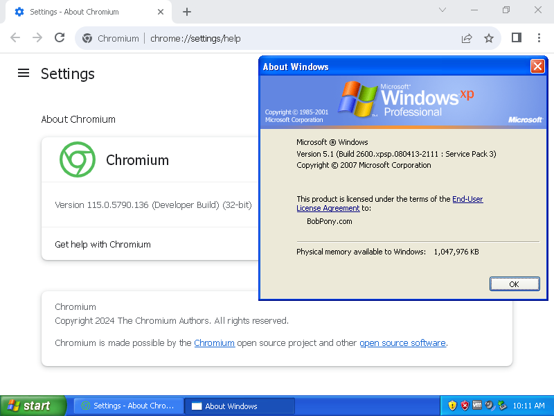 TheBobPony's tweet photo. Some others have been asking if someone has made a fork of a newer version of Chromium that WORKS for Windows XP WITHOUT One-Core-API!
The project is named "xpchrome", as you can tell by the name, it's Chrome that runs on Windows XP! It's currently based off Chromium version 115. https://t.co/6BLIk5pUUK