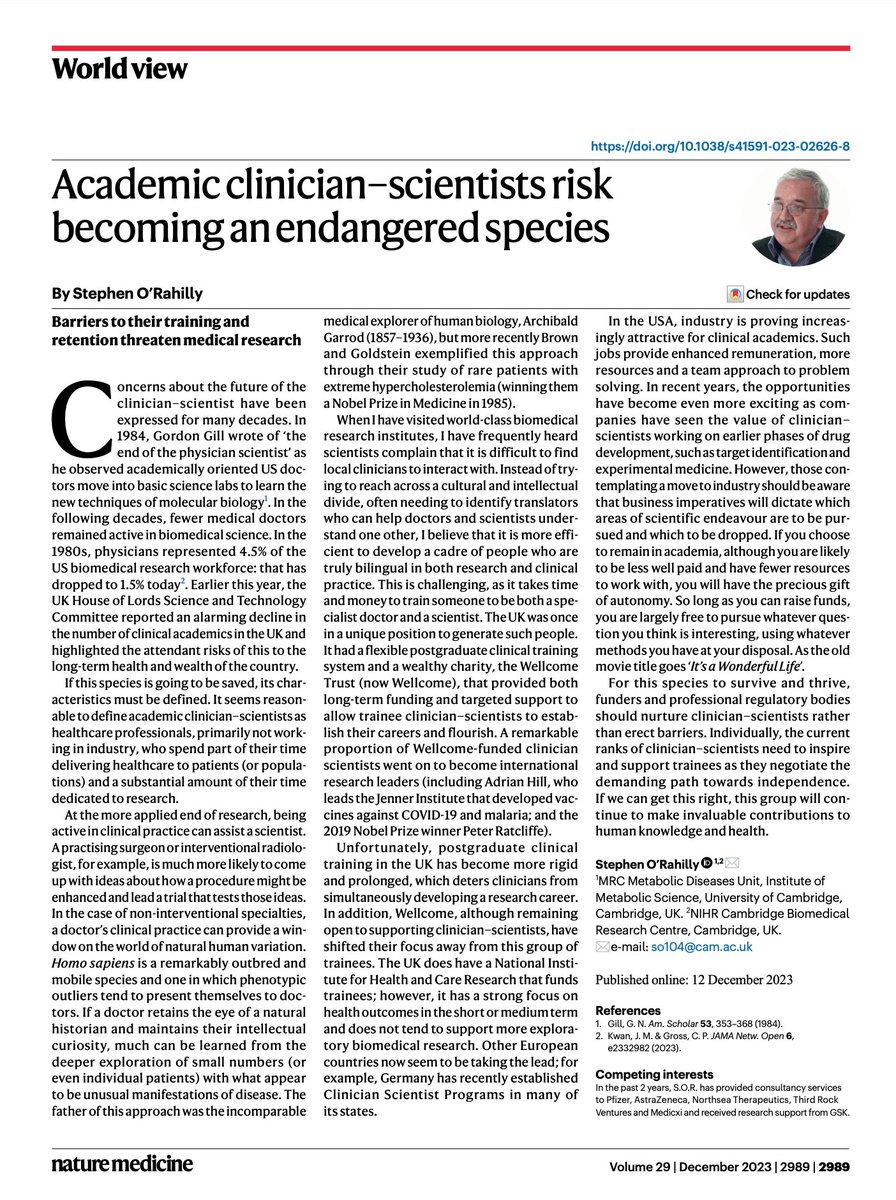 Intresting short article in @NatureMedicine discussing the decline in clinical academics in the UK and US. Another issue, not discussed, is the failure to recognise all the components of the job equally, clinical/research/teaching. The interests of Universities and the NHS are…