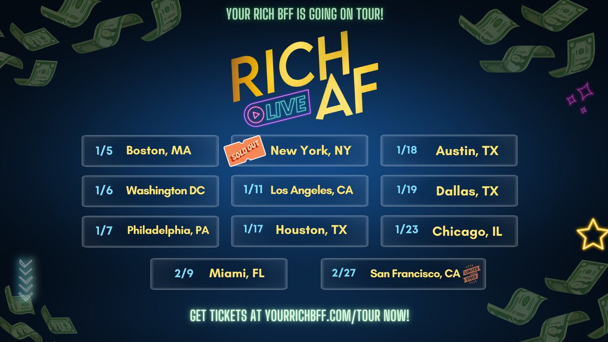 GUUUUESSSS WHAT! I'm going on TOUR! I'm coming to a city near YOU to celebrate the launch of my book RICH AF: The Winning Money Mindset That Will Change Your Life 💸 Get a ticket for fun Q&A, surprise giveaways, and special guests!! Head to yourrichbff.com/tour now!