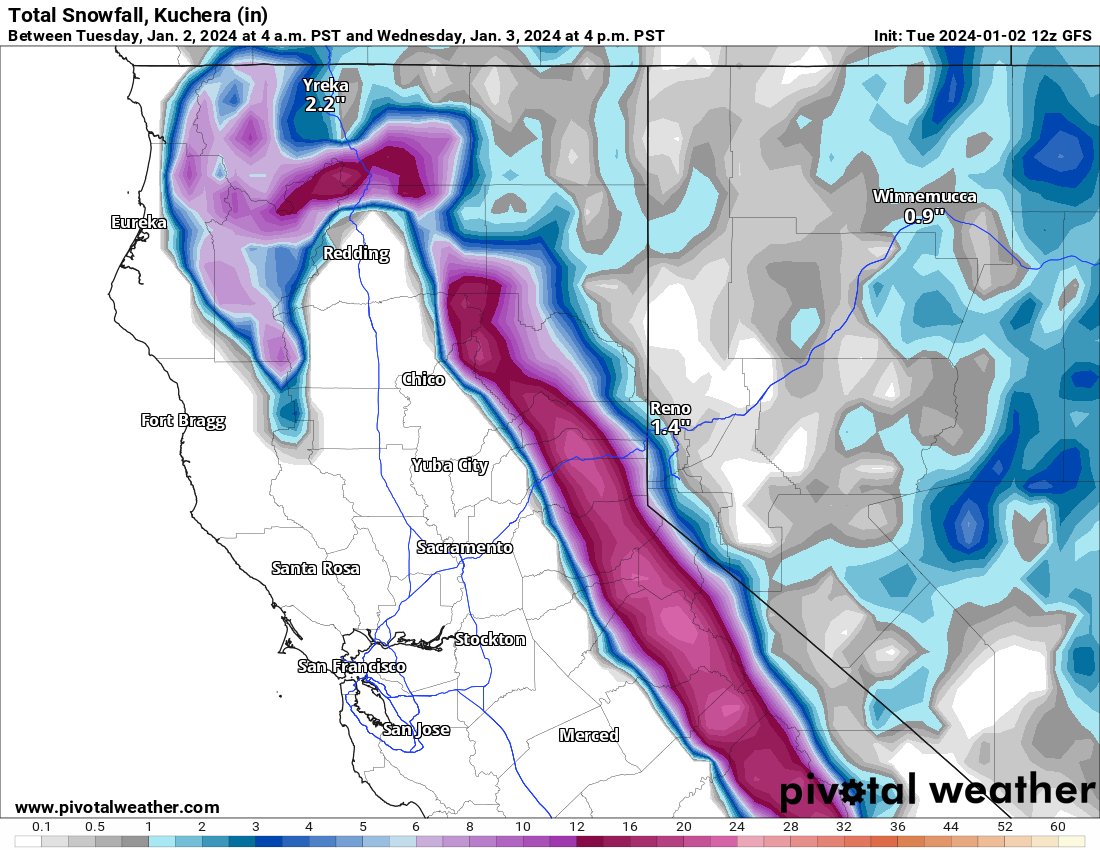 We are expecting a significant #snow storm tonight. We've seen a slight increase in precip amounts from recent model runs. We're now expecting 8-16' of snow, most of which will fall from 10pm to 4am. We're keeping an eye on potentially similar storm this weekend. #CAwx #CAwater