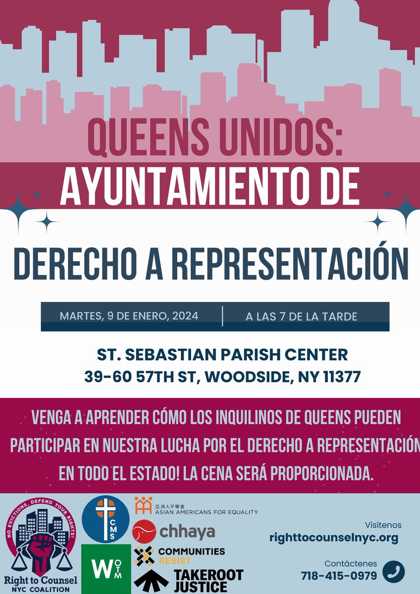 🌟 Happy New Year!! Join us on 1/9 for Queens United, a town hall meeting on the #RightToCounsel

📍 St. Sebastian Parish Center, 39-60 57th St., Woodside, NY 

🚀 Come learn about how Queens can get involved in our fight for #StatewideRightToCounsel

#TenantTuesday #DefendRTC