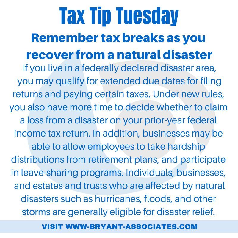BryantCPA's tweet photo. #tax #taxes #taxtiptuesday #taxplanning #businesstip #CPA #smallbusiness #smallbusinessowner #smallbiz #smallbizowner #entrepreneur #bryantassociates #lnk #accountant #taxpreparer #taxbreaks #naturaldisaster #dsaster #avalanche #blizzard #flood #tornado #earthquake https://t.co/DT6S47N1gp