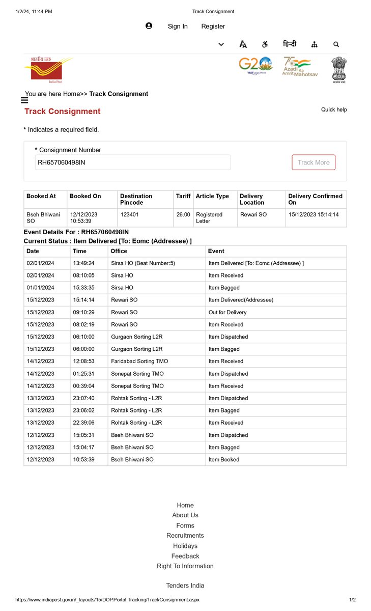 aman09141's tweet photo. @IndiaPostOffice Item with booking no. RH657060498IN was booked at sirsa, haryana on 01/01/2024 for delivery at sirsa but tracking details was showing it delivered on 15/12/23 at rewari and then again delivered on 02/01/24 at sirsa.
what was the authenticity of @IndiaPostOffice ? https://t.co/NzjqAmLu4C