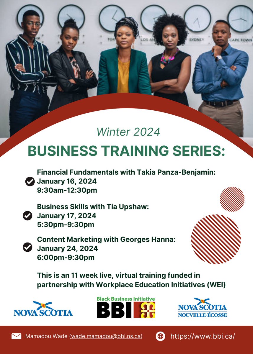 docs.google.com/forms/d/e/1FAI… New series of training sessions for the 2024 winter season. Business Skills Content Marketing Financial Fundamentals Register via google form, link in bio. For any other information please contact EEM Mamadou Wade at Wade.mamadou@bbi.ns.ca