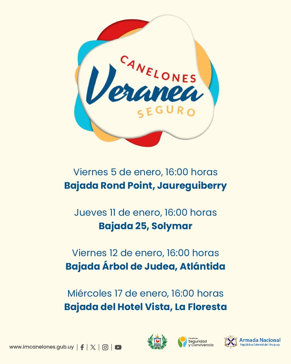 👮‍♀️Desde este 5 de enero la Intendencia de Canelones junto a Policía Comunitaria y Prefectura pondrá en funcionamiento el programa Canelones veranea seguro, en el que se estará concientizando sobre convivencia y seguridad en las playas y espacios de disfrute durante el verano.