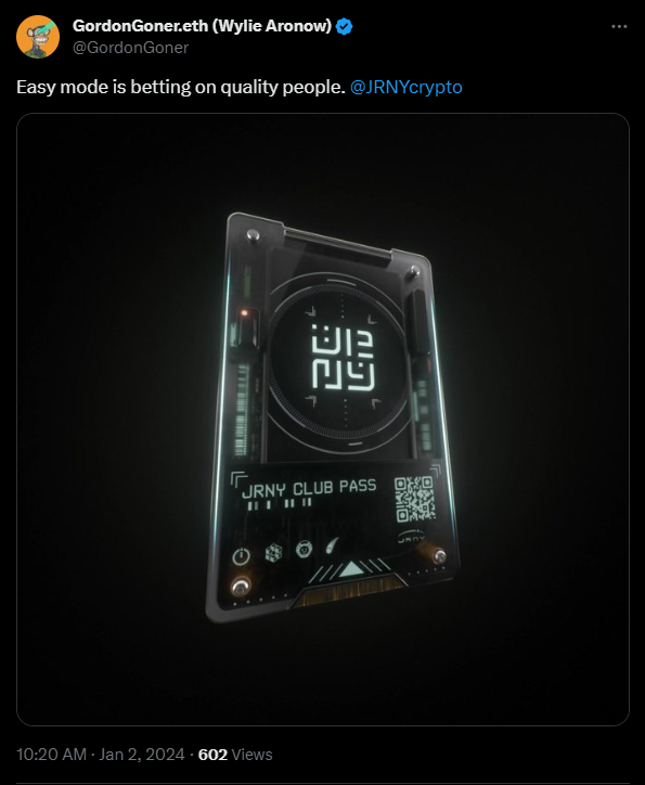 BREAKING: BAYC Co-founder <a href="/GordonGoner/">GordonGoner (Wylie Aronow) 🍌</a> buys a JRNY Pass by <a href="/JRNYcrypto/">JRNY Crypto</a>