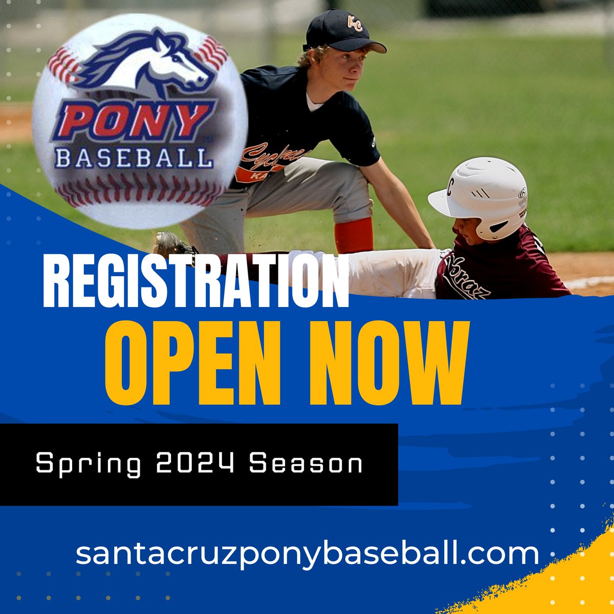 SCPonyColtPalo's tweet photo. Santa Cruz Pony Baseball registration is open now for the 2024 season. 13u and 14u clinics and tryouts begin in January. Discount for early bird sign ups!

Visit https://t.co/70aL9ghmuO for complete details. https://t.co/Kod6cg3VDQ