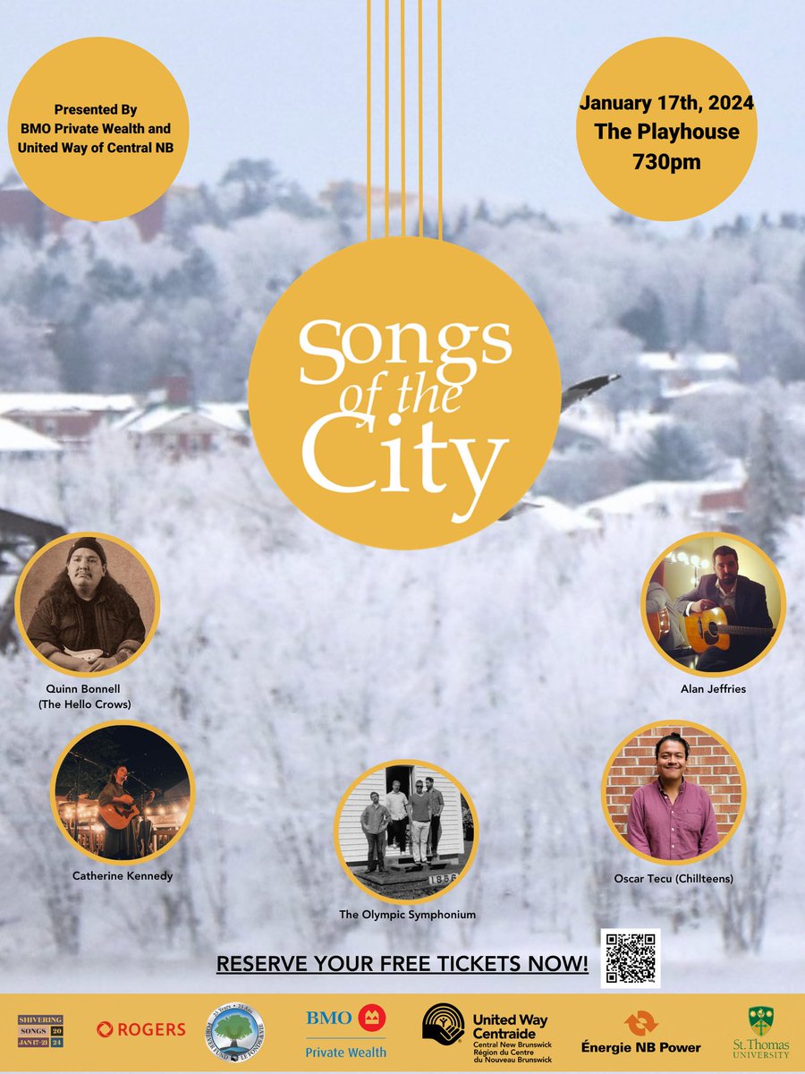 Reserve your FREE tickets to Songs of the City <a href="/FredPlayhouse/">Fredericton Playhouse</a> on Wed Jan 17! Ft music from Alan Jeffries, Quinn Bonnell, Oscar Tecu, Catherine Kennedy and The Olympic Symphonium! Presented by UWCNB and BMO Private Wealth sponsored by <a href="/FundForever/">Forever Fund</a> <a href="/NB_Power/">NB Power</a> and <a href="/Rogers/">Rogers</a> #FROSTival