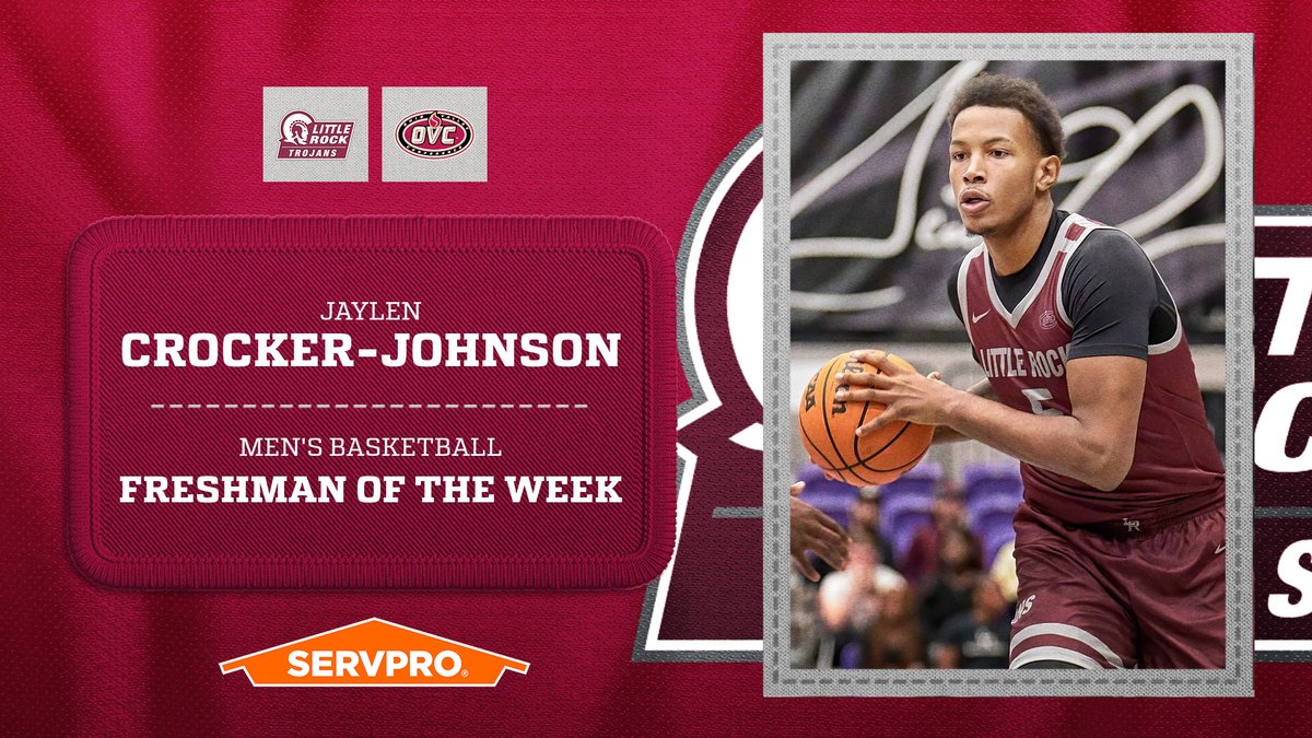 𝗢𝗩𝗖 𝗠𝗲𝗻'𝘀 𝗕𝗮𝘀𝗸𝗲𝘁𝗯𝗮𝗹𝗹 🏀 𝗙𝗿𝗲𝘀𝗵𝗺𝗮𝗻 𝗼𝗳 𝘁𝗵𝗲 𝗪𝗲𝗲𝗸 @LittleRockMBB forward Jaylen Crocker-Johnson (@Jcrock_5) • Averaged 14.5 points, 7.5 rebounds, 2.5 assists & 2.0 blocks/game in 2 road games #OVCit | #LittleRocksTeam | Presented by @SERVPRO