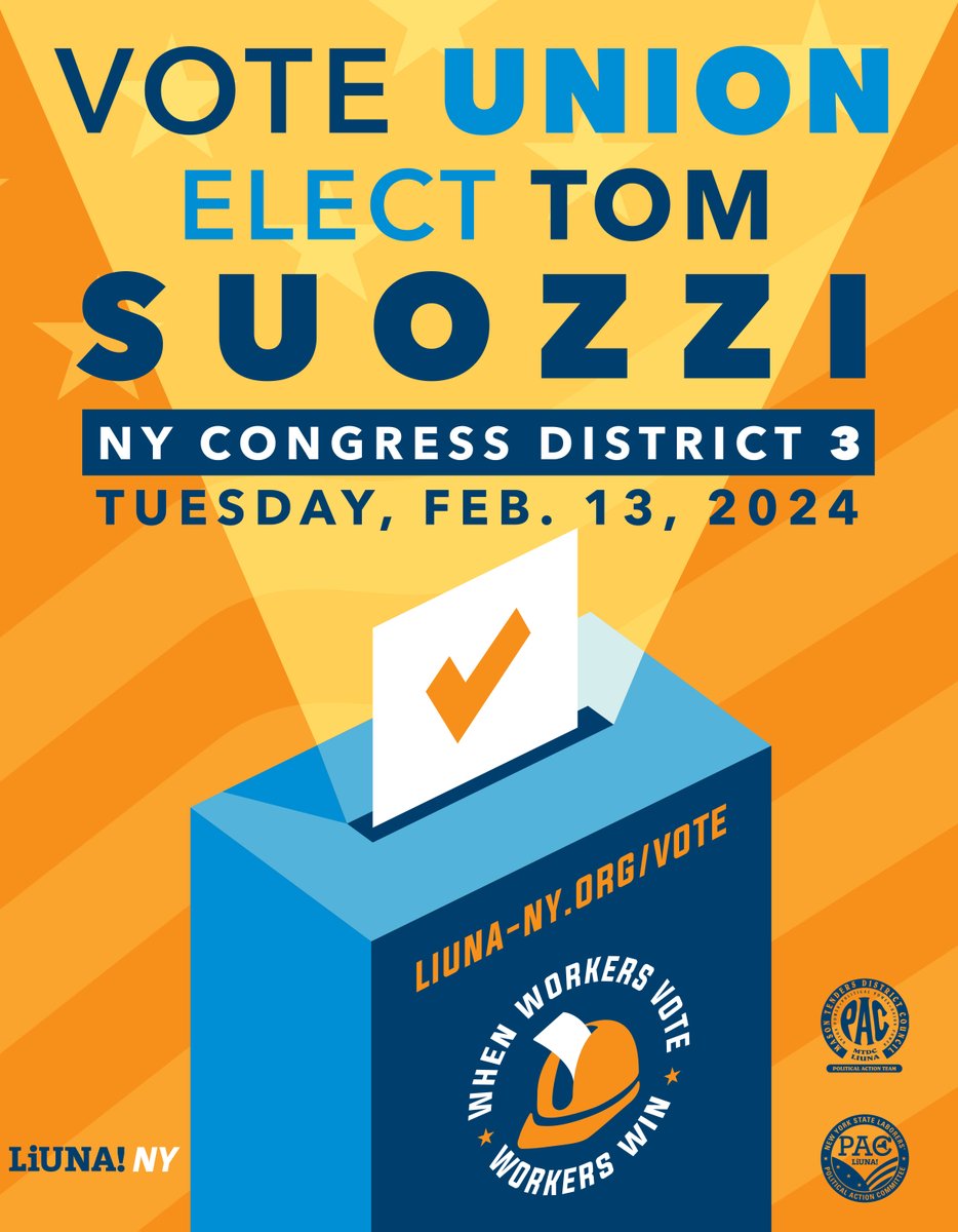 🚨ENDORSEMENT ANNOUNCEMENT🚨 @LIUNA-NY Supports Democrat @Tom_Suozzi in the Special Election scheduled for Tues. Feb. 13. Here are the reasons! (liuna-ny.org/vote) 👇👇👇