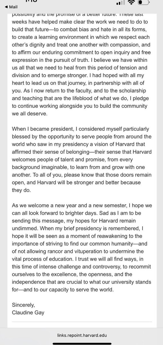 This is Claudine Gay's resignation letter. Rather than take responsibility for minimizing antisemitism, committing serial plagiarism, intimidating the free press, and damaging the institution, she calls her critics racist. This is the poison of DEI ideology. Glad she's gone.