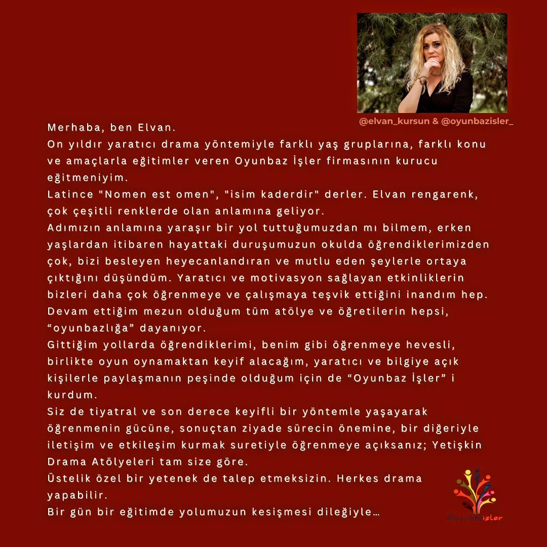 ekursun1's tweet photo. 🎭 Elvan Kurşun'u, Oyunbaz İşler'i ve drama yolculuğumuzu merak edenler için paylaşmak istedim. 
🪡 Referanslarımız ve hakkımızda detaylı* bilgi için:
https://t.co/eM43wgvqYI
https://t.co/dQjL9bEfJp
#yaratıcıdrama #Oyunbazİşler #yetişkindrama #iletişim #ElvanKurşun #duygular https://t.co/4ROdG23ccY