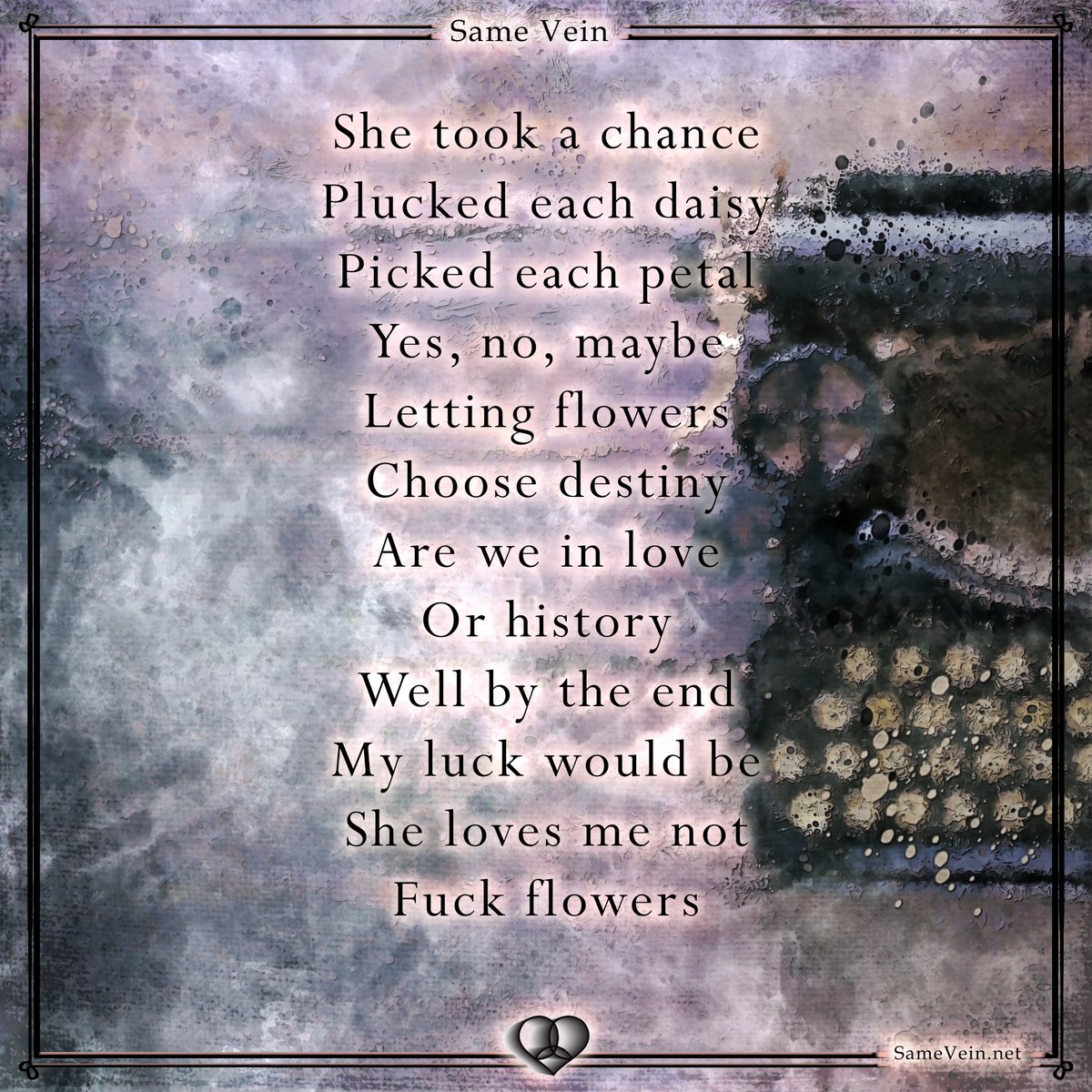 "I'm Allergic Anyway"

She took a chance
Plucked each daisy
Picked each petal
Yes, no, maybe
Letting flowers
Choose destiny
Are we in love
Or history
Well by the end
My luck would be
She loves me not
Fuck flowers

samevein.net/im-allergic-an…