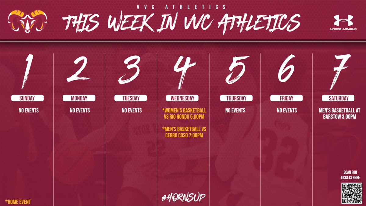 Here is what we have going on this week in VVC Athletics. Stay connected with us each week as we inform you on our games and events. . . . #VVC I #Athletics I #RAMS I #vvcathletics | #GoRams I #GoVVC I #hornsup🤘