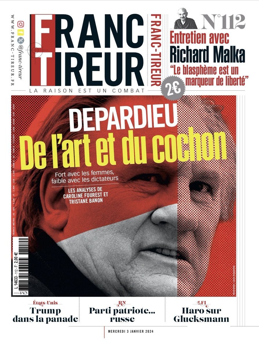 🔴🔔 Demain dans Franc-Tireur N112
Rencontre avec Richard #Malka, l’avocat de <a href="/Charlie_Hebdo_/">Charlie Hebdo</a> : « La critique de Dieu est un marqueur de la liberté ». Le franc-parler de <a href="/CarolineFourest/">Caroline Fourest</a>. Janvier, le mois de tous les dangers pour <a href="/realDonaldTrump/">Donald J. Trump</a>. Par William Reymond.