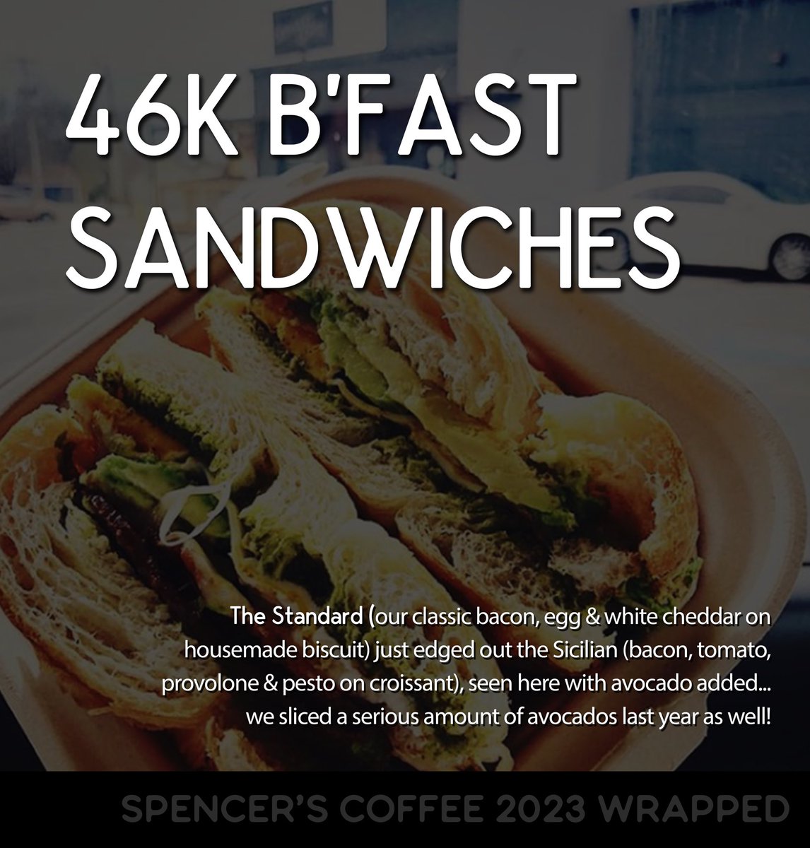 spncrsbg's tweet photo. What a year! We’re both proud and humbled to have served at least 396,000 of y’all last year (probably way more, but that’s how many orders we rang in). Here’s a quick look at we made for you all in 2023… we hope it was equaled by the moments and memories shared in our spaces. https://t.co/yje8ubH3xz