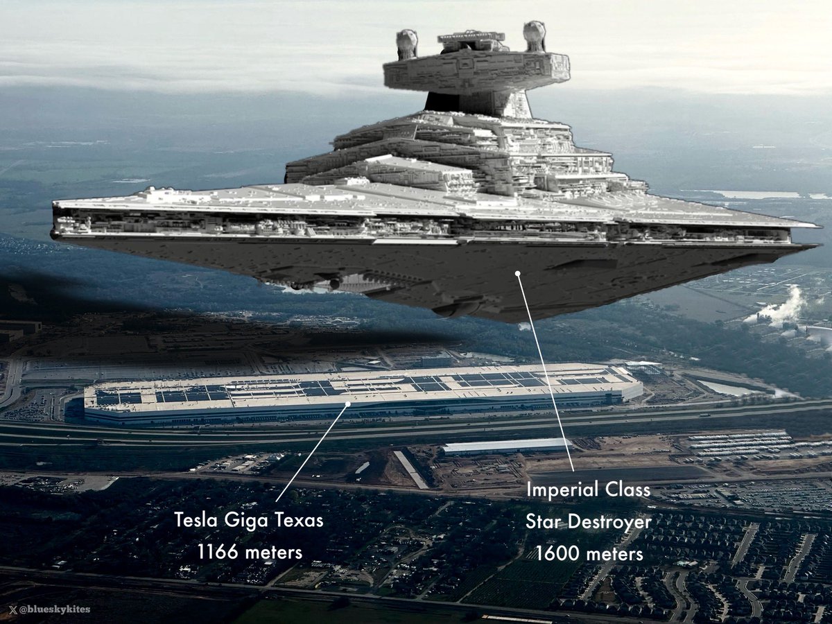 blueskykites's tweet image. For perspective, Giga Texas’ current expansion will make it exceed the length of a Star Destroyer this year! @Tesla_na @gigafactories @elonmusk @Tesla

@WholeMarsBlog @EvaFoxU 
📷:@shivon