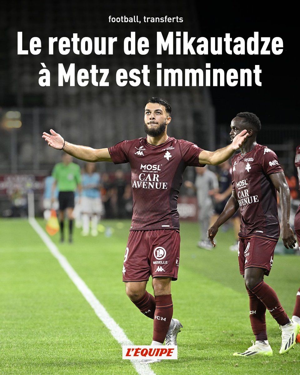 lequipe's tweet photo. Vendu 15 M€ à l'Ajax l'été dernier, Georges Mikautadze est proche d'un retour à Metz en prêt. Reste à déterminer s'il y aura une option d'achat > https://t.co/mnCPAohzNZ https://t.co/mw1Wju457F