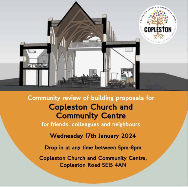 Happy New Year everyone! We are excited to start the year with an invitation for our friends, colleagues, neighbours, partners and funders to: 

A Community Review of building proposals for @coplestonpeckham 
on Wednesday 17th January 2024

Drop in at any time between 5pm-8pm