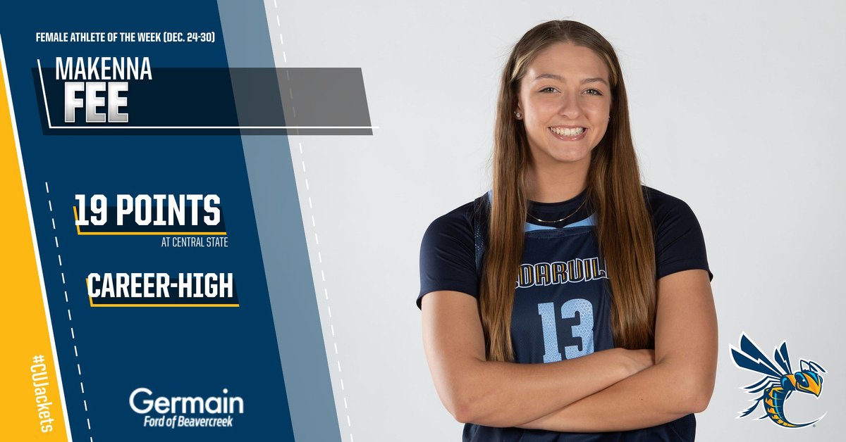 CONGRATS! The <a href="/germainfordbcrk/">Germain Ford Bcrk</a> "Female Athlete of the Week" (Dec. 24-30) is <a href="/CedarvilleWBB/">Cedarville WBB</a> grad student <a href="/FeeMakenna/">Makenna Fee</a> (aka Makenna Fee)!
MORE INFO: bit.ly/3tK4hPV
🙏 #ForHim 🏀 #BackTheJackets #StingEm