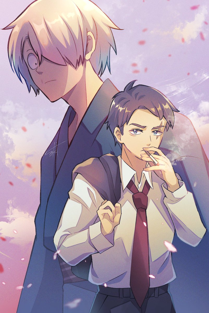 sanji (one piece) multiple boys cigarette 2boys necktie hair over one eye male focus smoking  illustration images