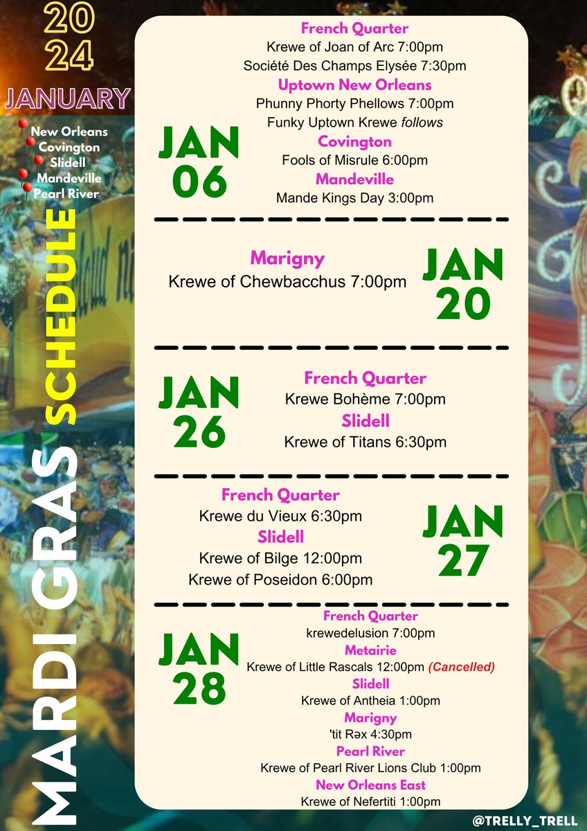 trellyy_trell's tweet image. 𝑴𝒂𝒓𝒅𝒊 𝑮𝒓𝒂𝒔 𝑺𝒁𝑵 𝒂𝒍𝒓𝒆𝒂𝒅𝒚? 🤪 Here’s a look at our January PARADES! #GetInToIt 💚💜💛

𝗟𝗜𝗞𝗘•𝗦𝗛𝗔𝗥𝗘•𝗦𝗔𝗩𝗘  ↗️

#NewOrleans #MardiGras #FatTuesday #tuesdayvibe