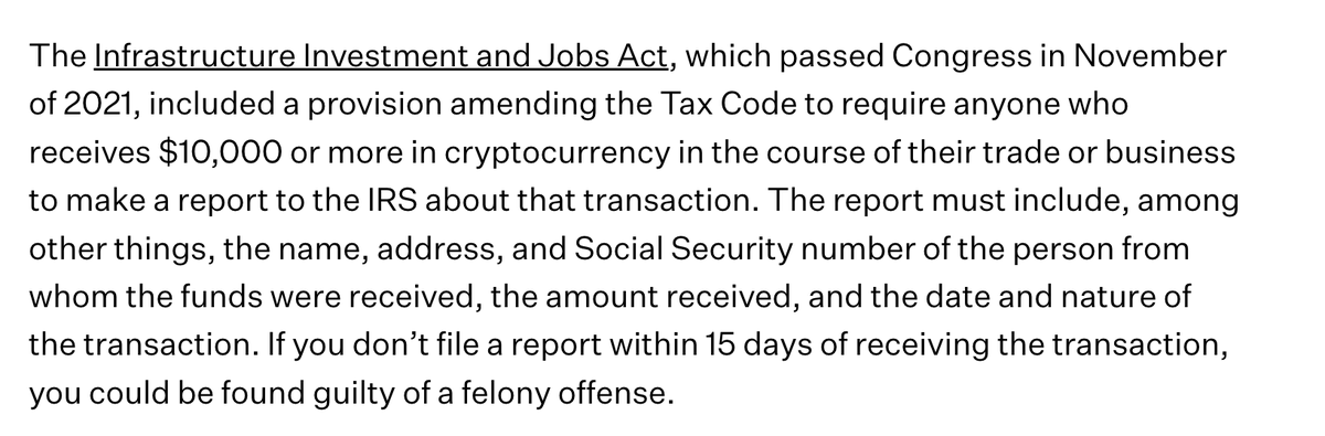 RyanSAdams's tweet photo. If you're a U.S. citizen and get $10k or more in crypto you have to report it to the IRS within 15 days or they can charge you with a felony.

Starting now.

They want name, address, ssn of the sender.

Oh - and they're not telling you how to file the report.

Yay 🇺🇸 ! https://t.co/6o3jGEObv9