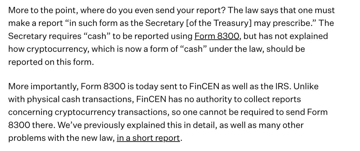 RyanSAdams's tweet photo. If you're a U.S. citizen and get $10k or more in crypto you have to report it to the IRS within 15 days or they can charge you with a felony.

Starting now.

They want name, address, ssn of the sender.

Oh - and they're not telling you how to file the report.

Yay 🇺🇸 ! https://t.co/6o3jGEObv9