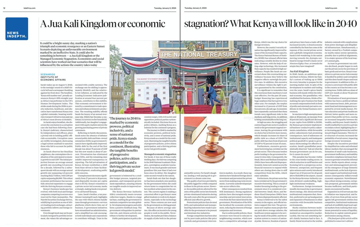 cobbo3's tweet photo. BusinessDaily .@BD_Africa today published the first part of a story on the Institute of Economic Affairs’ (KE) .@IEAKenya scenarios (done with Oxford Economics Africa) on how Kenya might look like in 2040. A great joy to be on IEA’s board and watch at close quarters the clever and innovative work they do, and how wonderfully they have grown in recent years. The last Global Index Report by the Lauder Institute of the University of Pennsylvania ranked IEA the 2nd top think tank in Kenya, and 7th in Africa – well deserved .@IEAKwame .@PhyllisWakiaga
https://t.co/P7KMY3baHa