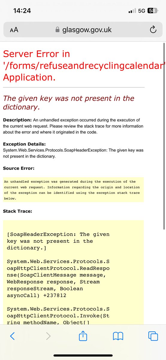 fadgemonkey's tweet photo. @MyGlasgowCC tried to check what bins go out today via the checker on the website but I’m receiving a server error. Can you please advise if there’s a pickup tomorrow? https://t.co/ju8zeWu6On