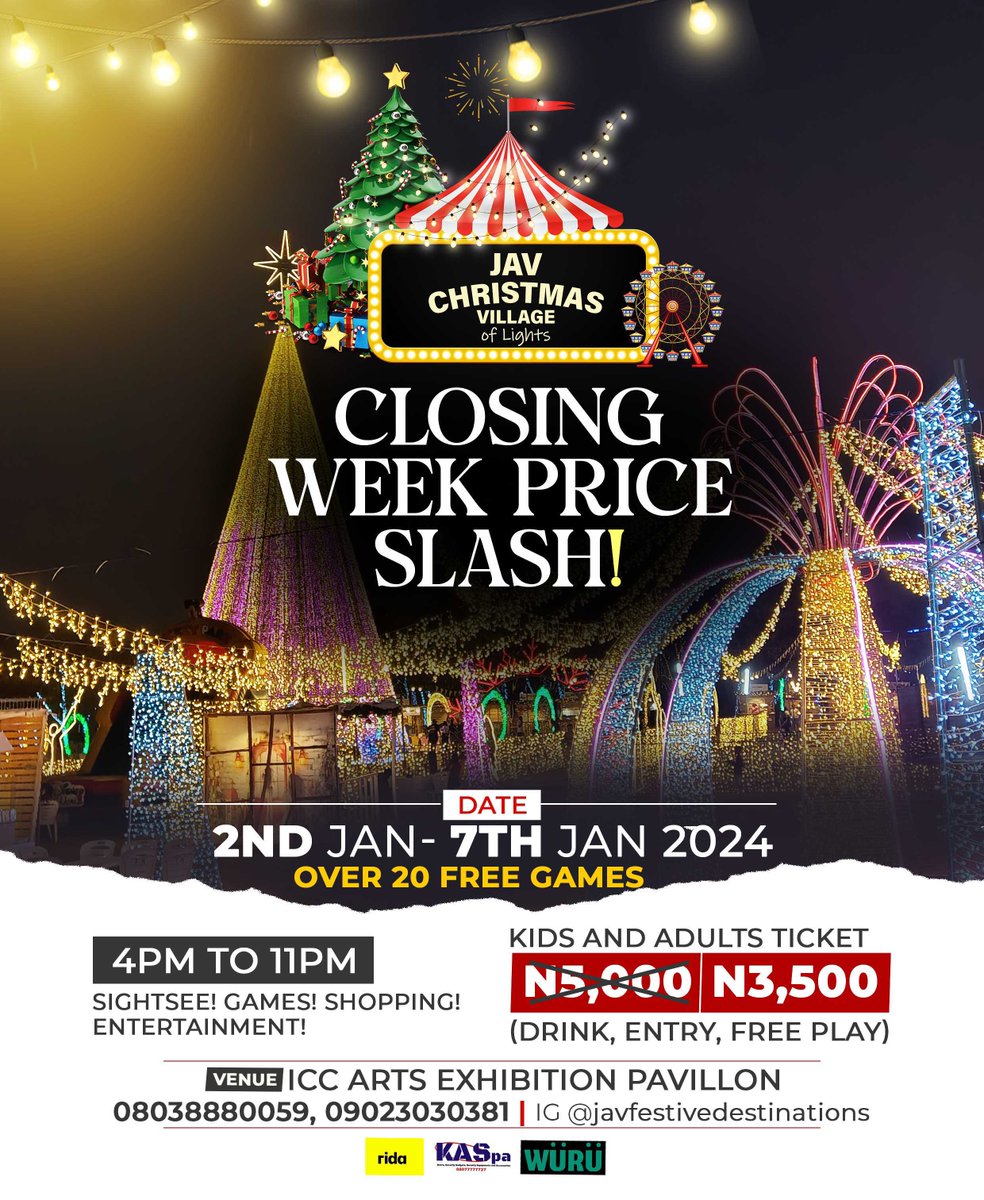 javdestinations's tweet photo. SLASH PRICE FOR CLOSING WEEK!!!

Pay N3,500 at JAV Christmas Village ICC branch (2nd - 7th January 2024)

Open from 4pm to 11pm daily

(Ticket covers entry, drink, free games)

JAV Christmas Village, ICC - Art Exhibition Pavilion (area 11, by radio house, garki)
#AbujaXCommunity https://t.co/LEP5JHyYEv