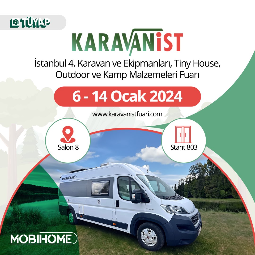 Mobihomekaravan's tweet photo. @karavanistfuari’na tüm karavan severleri bekliyoruz ❤️

📍Tüyap’ta gerçekleşecek fuarda Salon 8/ 803 Nolu Standımız ile Mobihome olarak ziyaretçilerimiz ile buluşacağız.

Siz de araçlarımızı daha yakından incelemek ve deneyimlemek istiyorsanız standımıza uğramayı unutmayın! https://t.co/BKZbVN5ufV