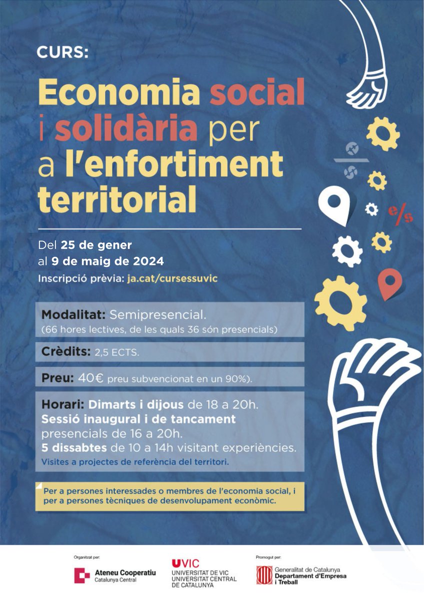 CoopCatCentral's tweet photo. #CursESS #CursUVic
🌱'Economia social i solidària per a l'enfortiment territorial'
Les inscripcions estan obertes i l’inici de les classes serà el 25/01
Organitzat conjuntament amb la @uvic_epostgrau
👉https://t.co/ftBKLk8T9A https://t.co/lhu5KiahCM