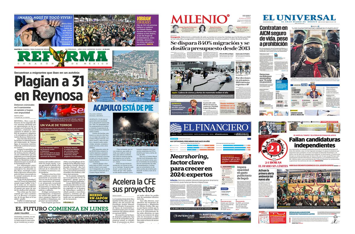 #LasNoticiasNosBuscan I Buen día. Te comparto las #Portadas de los diarios nacionales de hoy martes 2 de enero de 2024. Plagian a 31 en #Reynosa. Se dispara 840% #Migración. fallan candidaturas independientes. Contratan en #AICM seguro de vida pese a prohibición.