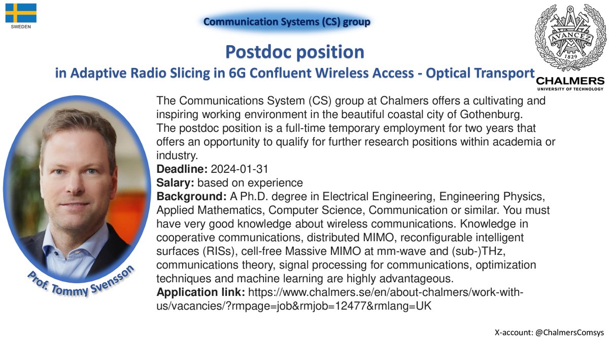 We are #hiring. We have a unique #postdoc #position in #Adaptive #RadioSlicing in #6G Confluent #WirelessAccess-#OpticalTransport.
Background: A Ph.D. in #ElectricalEngineering, #EngineeringPhysics, #AppliedMathematics,#ComputerScience.
More information: chalmers.se/en/about-chalm…