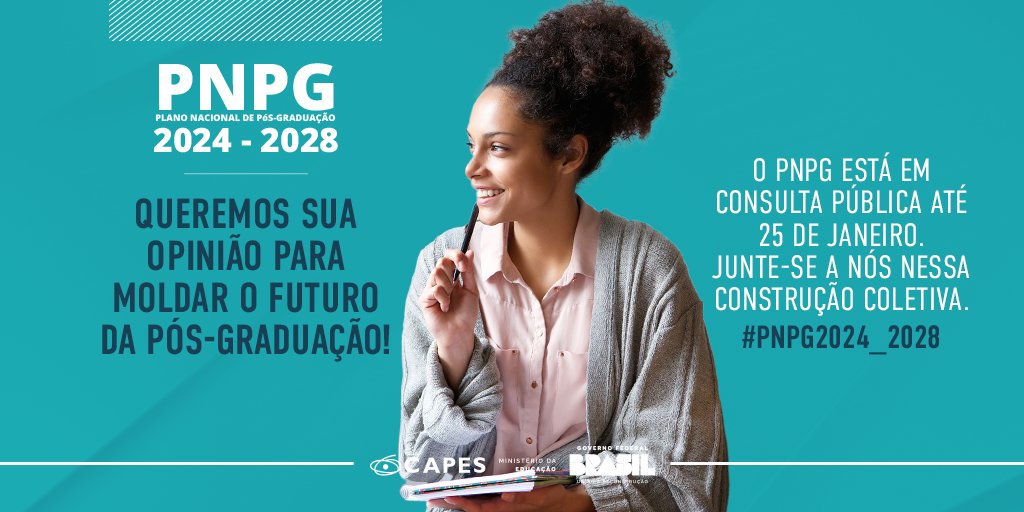 Ministério da Educação | MEC (@min_educacao) on Twitter photo #Capes | Pela primeira vez na história da CAPES, o Plano Nacional de Pós-Graduação (#PNPG) estÔ sendo elaborado com a participação da sociedade. As contribuições podem ser feitas na plataforma Participa + Brasil, do <a href="/govbr/">Governo do Brasil</a>: lnkd.in/dWN87xTH
Acesse: capes.gov.br/nR83E #Capes | Pela primeira vez na história da CAPES, o Plano Nacional de Pós-Graduação (#PNPG) estÔ sendo elaborado com a participação da sociedade. As contribuições podem ser feitas na plataforma Participa + Brasil, do <a href="/govbr/">Governo do Brasil</a>: lnkd.in/dWN87xTH
Acesse: capes.gov.br/nR83E