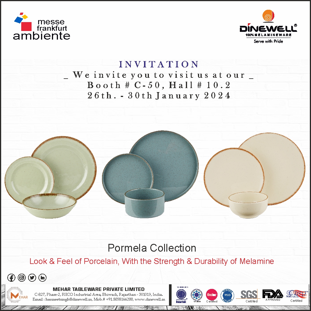 HarmeetBhusari's tweet photo. We Invite all Buyers / Purchase Managers, of Dinnerware &amp; tableware products to visit us at our booth in the Ambiente Show 2024, to see the latest PORMELA Collection, which has the look and feel of Porcelain with the added advantages of Strength and Durability of 100% Melamine. https://t.co/XuefmRMwF7