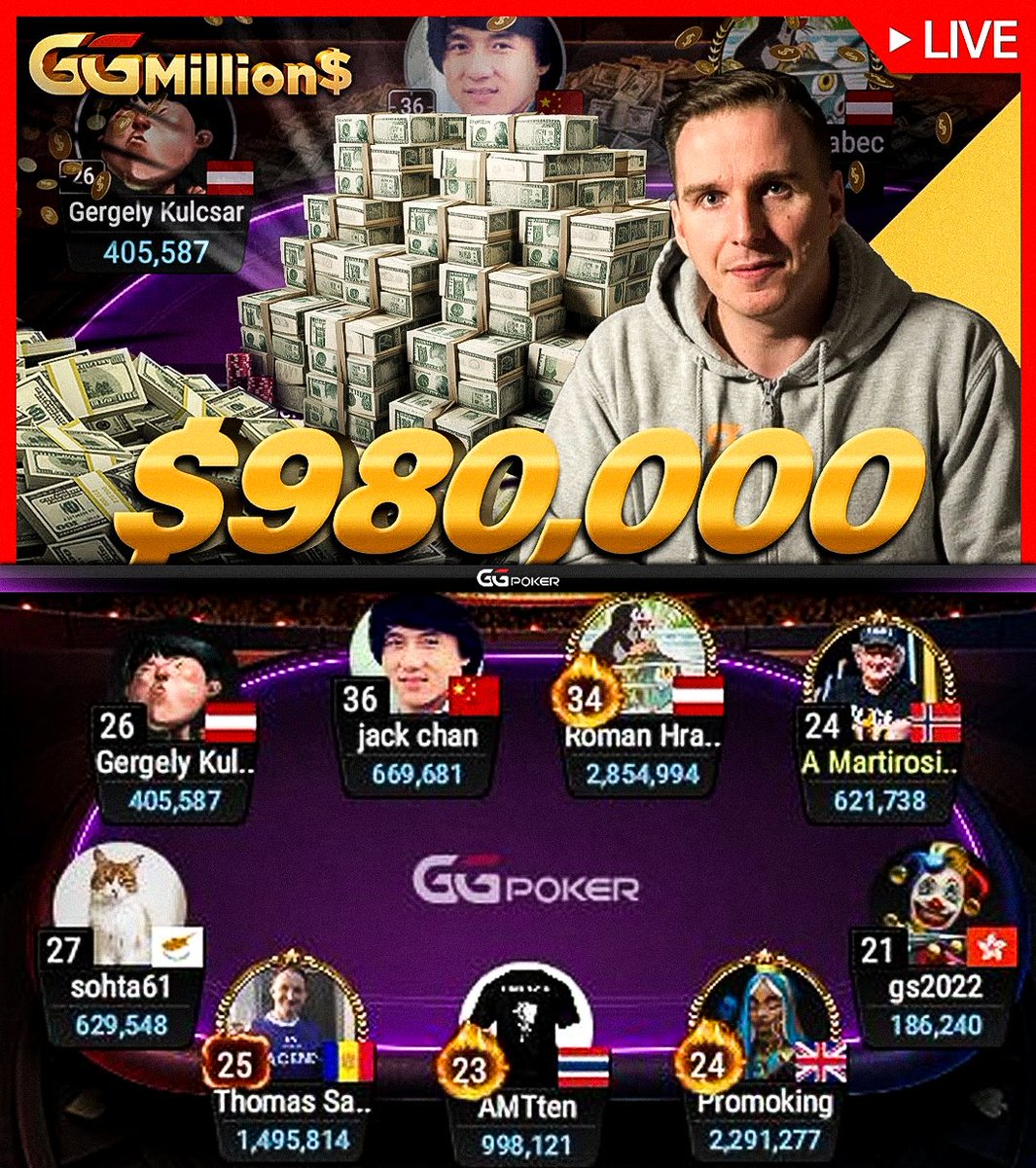 JeffGrossPoker's tweet photo. Giving away $50 @GGPoker ticket; Follow, Like, RT &amp; tag a friend to enter! 

$980,000 Super High Roller FINAL TABLE w/ Benjamin @bencb789 Rolle, LIVE NOW! Watch on https://t.co/Q3XuW6lL0q https://t.co/FQ0IL4Qi1u