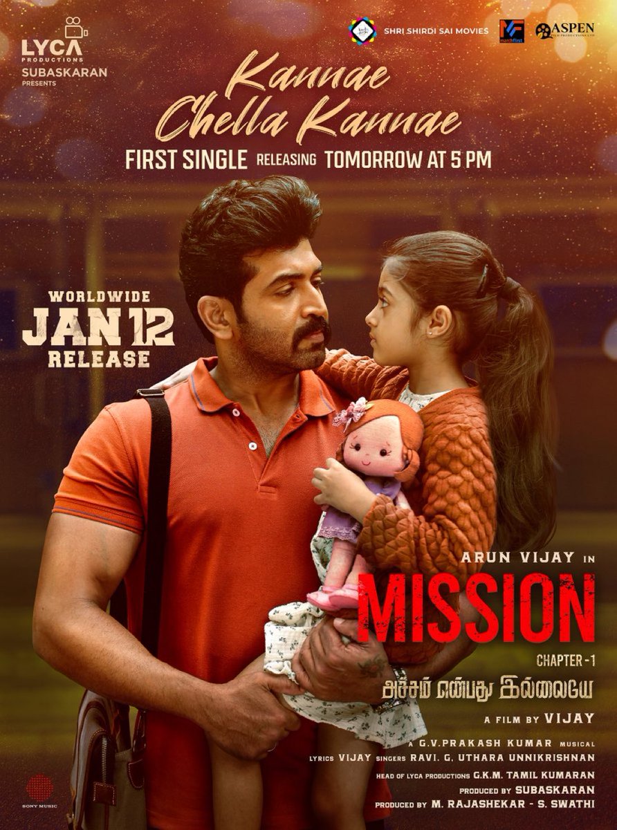 UV_Official_'s tweet photo. MISSION Chapter-1 1st Single #KannaeChellaKannae 👨👧 is dropping TOMORROW AT 5️⃣ PM! 🕔
Appa Magalukkana Song ..❤️
#MissionChapter1FromJan12 #Mission1stSingle
music 🎶@gvprakash
Lyrics ✍🏻 #Vijay
Singers 🎤 @ravig_official #UtharaUnnikrishnan
Director #Vijay
Actor @arunvijayno1
Audio Rights @SonyMusicSouth 📼
#MissionChapter1 in cinemas near you from January 12th, 2024! 📽️✨
@gvprakash @iamAmyJackson @NimishaSajayan @AbiHassan_ #BharathBopanna @sandeepkvijay_ @editoranthony @silvastunt @LycaProductions #Subaskaran @gkmtamilkumaran @SSSMOffl #Rajashekar #Swathi @prathool @shiyamjack @sathishoffl @DoneChannel1