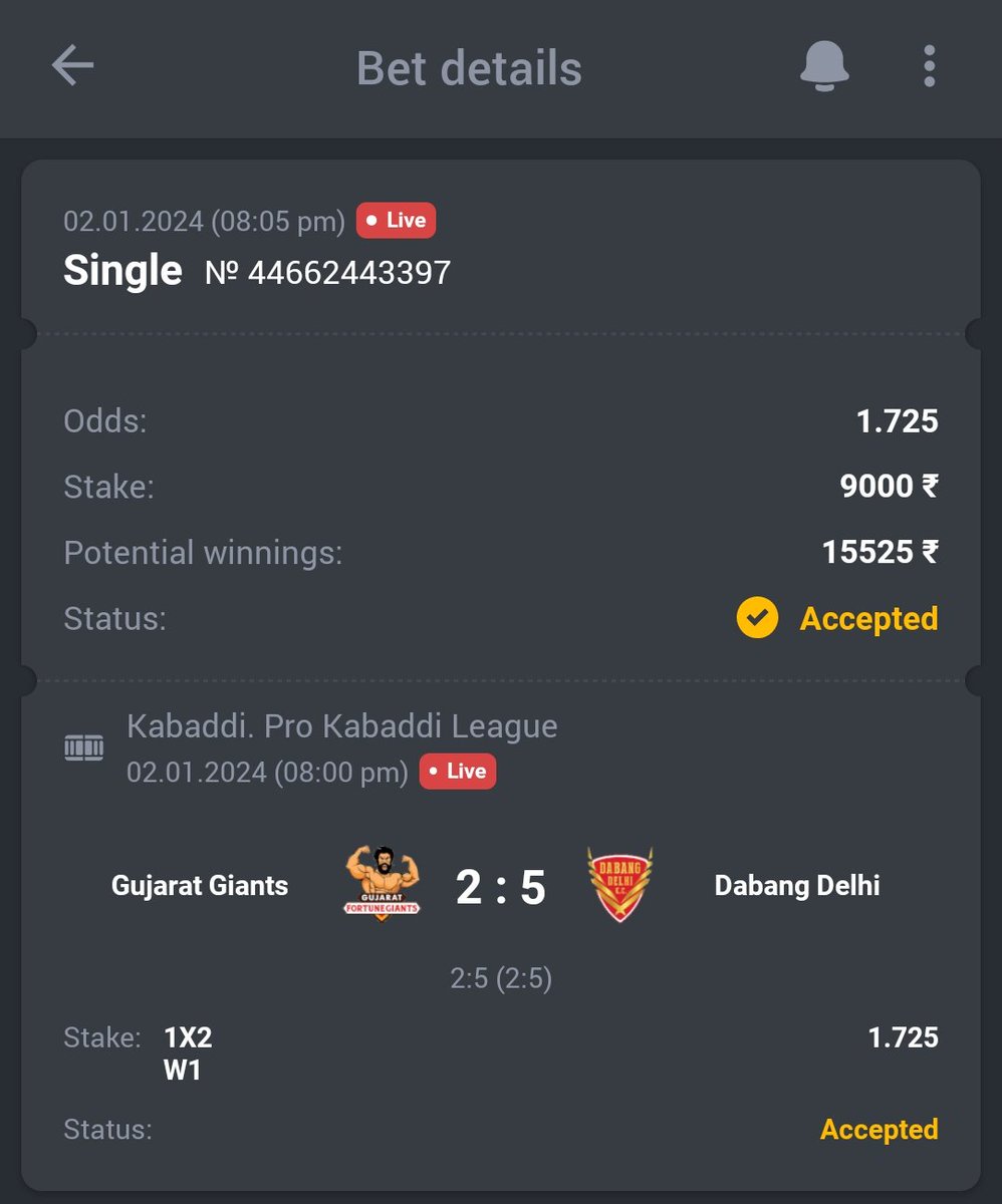 A3RBET's tweet photo. Kabaddi - Pro Kabaddi League

🤼 Gujarat Giants ML
🔖 1.72
💵 10 Units

#GamblingTwitter #SportsBetting #TeamParieur #SportsBet #Betting #FreePicks #A3RBET #SportsBettor

#ProKabaddi #PKL #Kabaddi #ProKabaddiLeague #PKLSeason10 #10PKL #GGvDEL #DabangDelhiKC

Like + RT https://t.co/p4jqNSjUGN