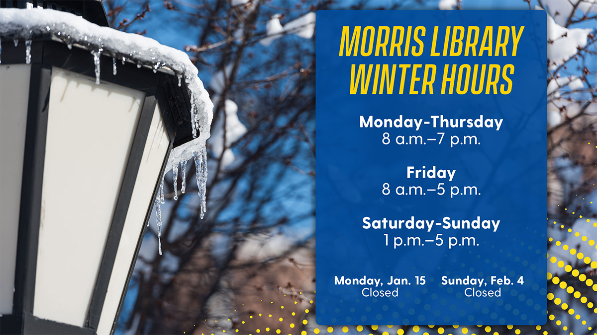 UDLibrary's tweet photo. Good luck this #UDWinter, Blue Hens! Through February 4, Morris Library will be open Monday to Thursday from 8 a.m. to 7 p.m., Friday from 8 a.m. to 5 p.m., and Saturday and Sunday from 1 p.m. to 5 p.m. https://t.co/ajfLIJPfOR